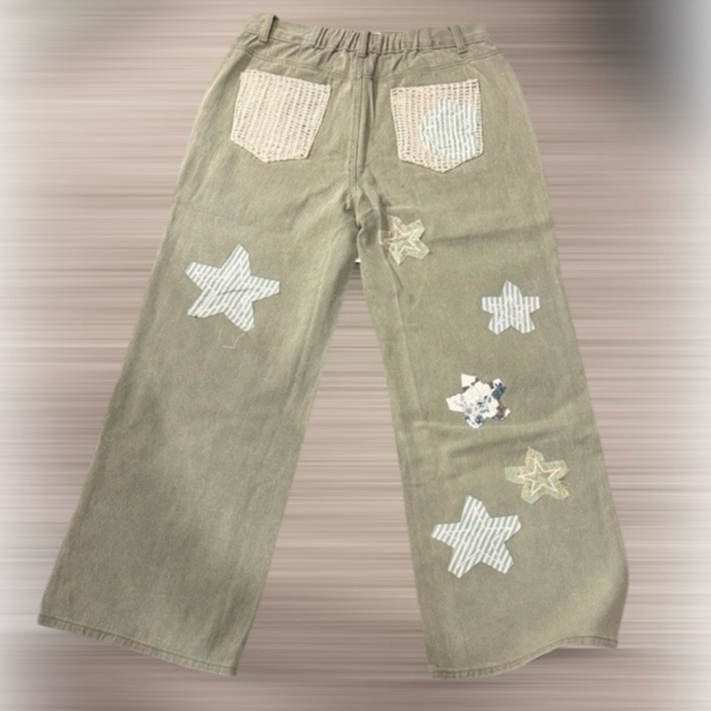 JUST IN! POL Star Patchwork Jeans Olive Green Straight Leg - Picture 4 of 10